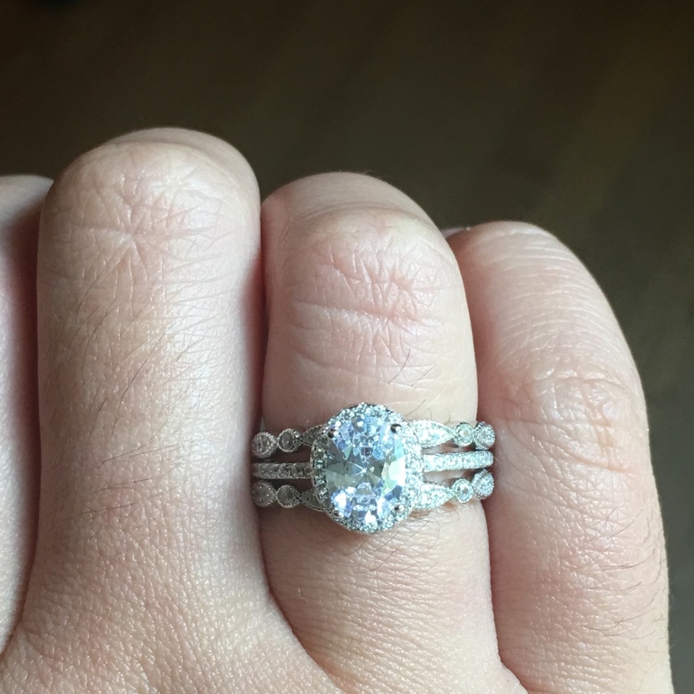 3pcs Solid Silver Engagement Ring Wedding Band Set - Picture 5 of 6